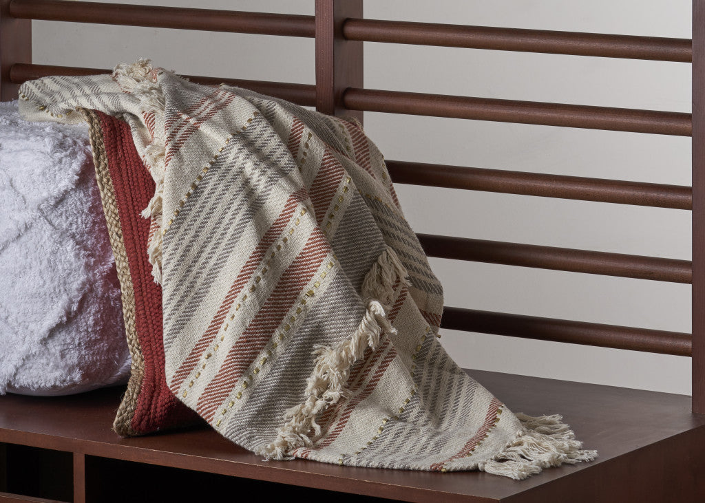 Beige Woven Cotton Striped Throw Blanket