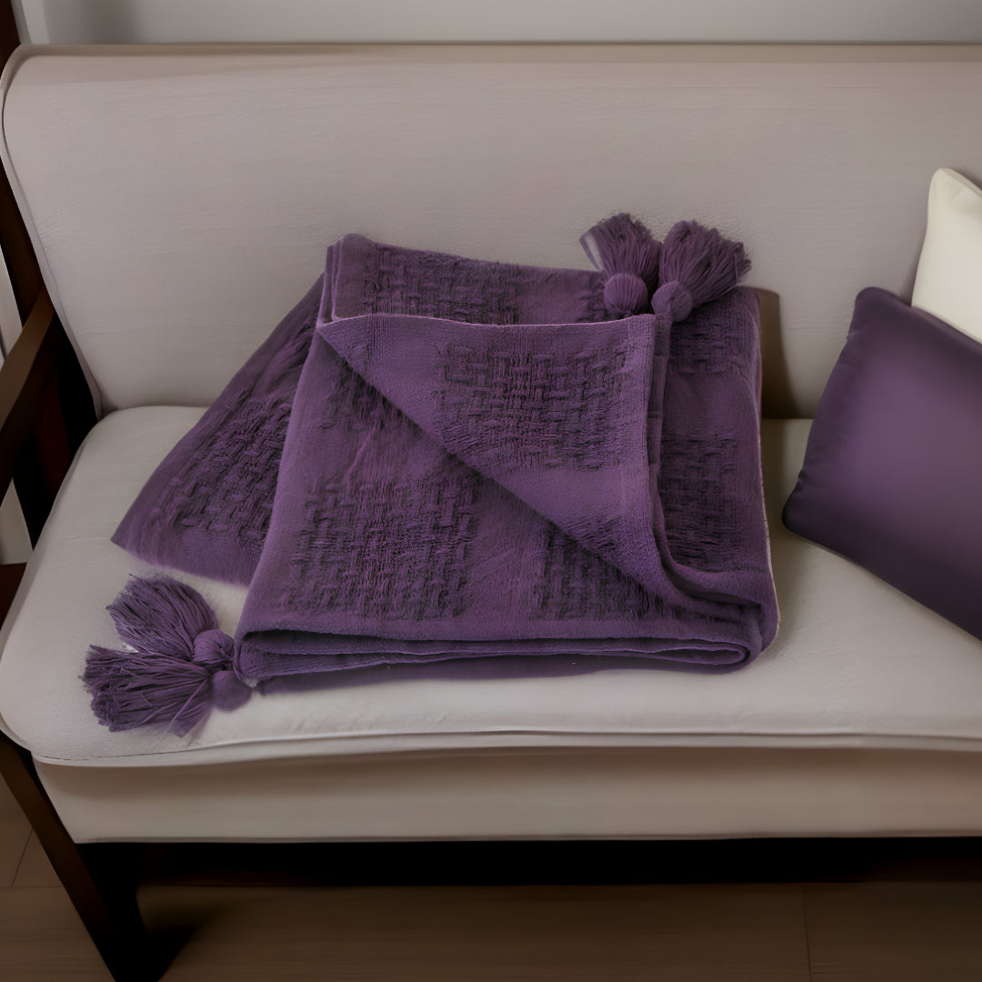 Purple Woven Cotton Solid Color Throw Blanket