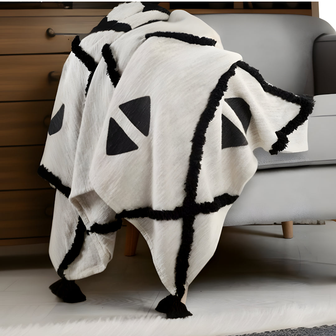 Black and White Woven Cotton Geometric Throw Blanket