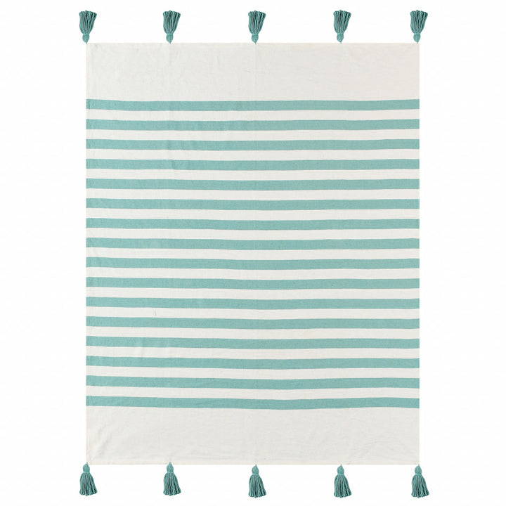 Blue and White Woven Cotton Striped Throw Blanket