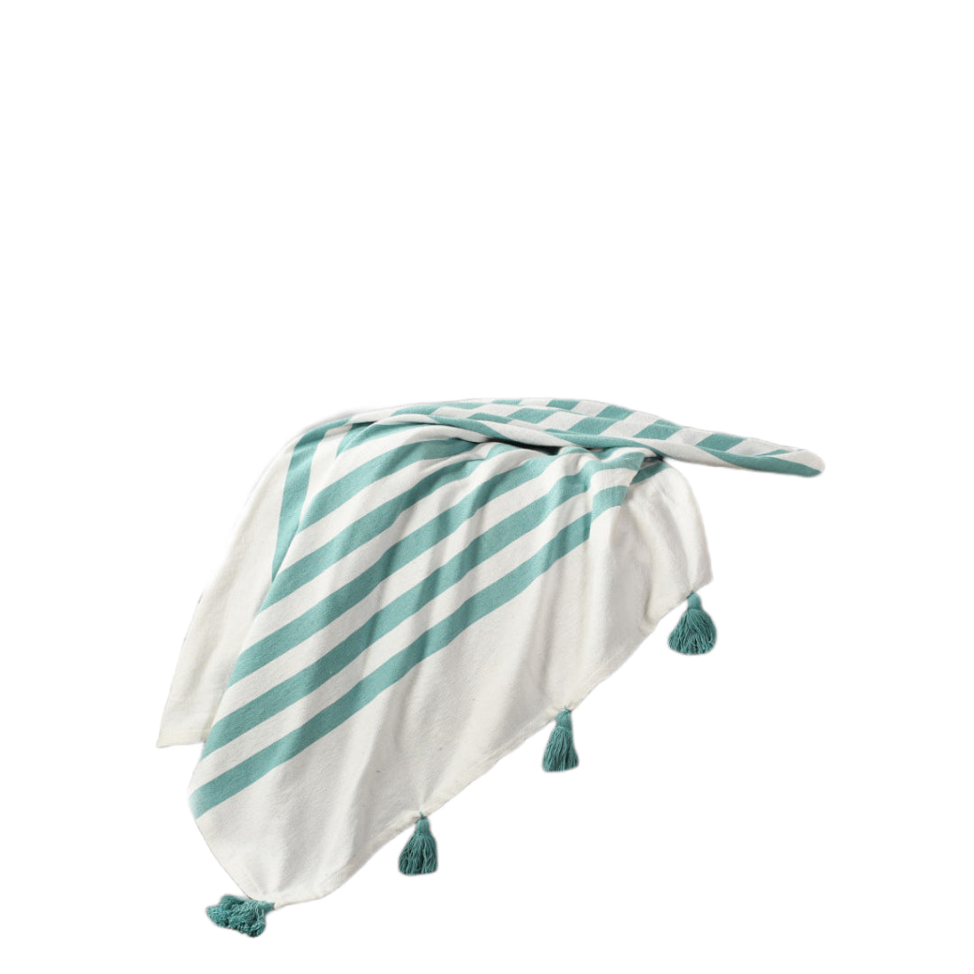 Blue and White Woven Cotton Striped Throw Blanket