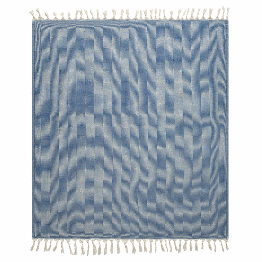 Blue Woven Cotton Herringbone Throw Blanket