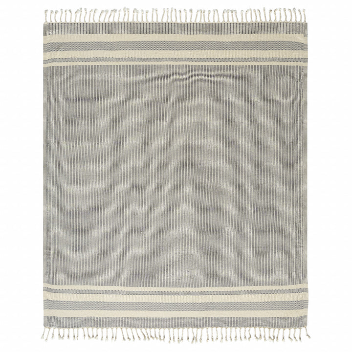 Blue and White Woven Cotton Striped Throw Blanket