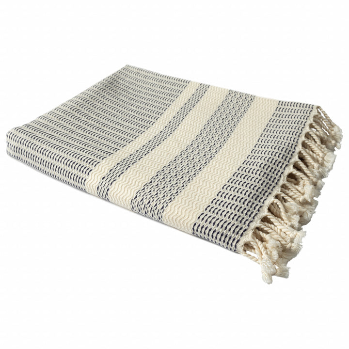 Blue and White Woven Cotton Striped Throw Blanket