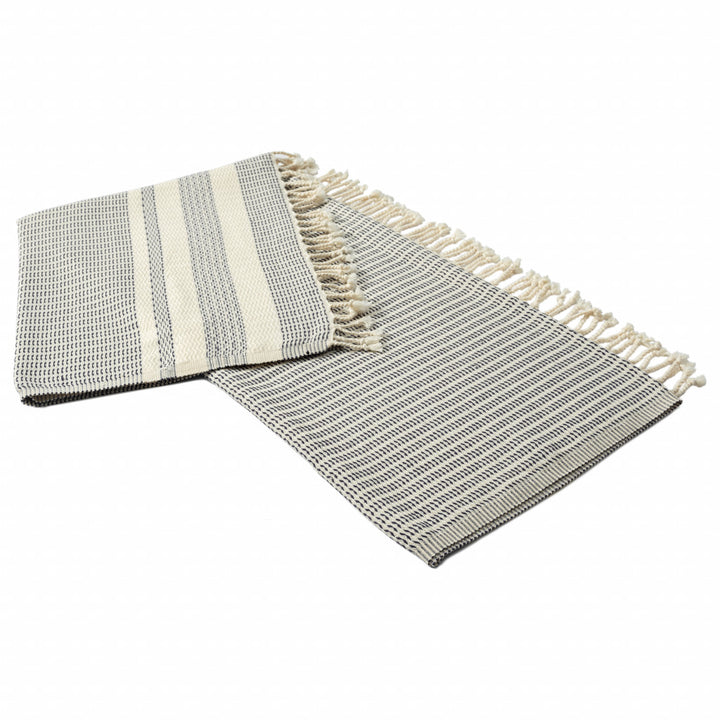 Blue and White Woven Cotton Striped Throw Blanket