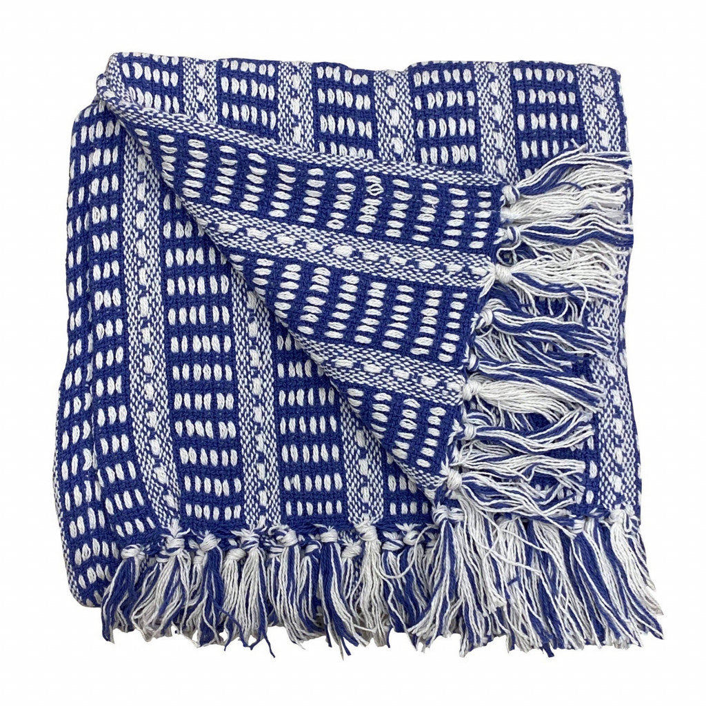 Blue and White Woven Cotton Striped Throw Blanket