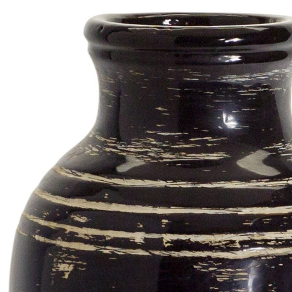 18" Ceramic Black and Ivory Striped Round Floor Vase