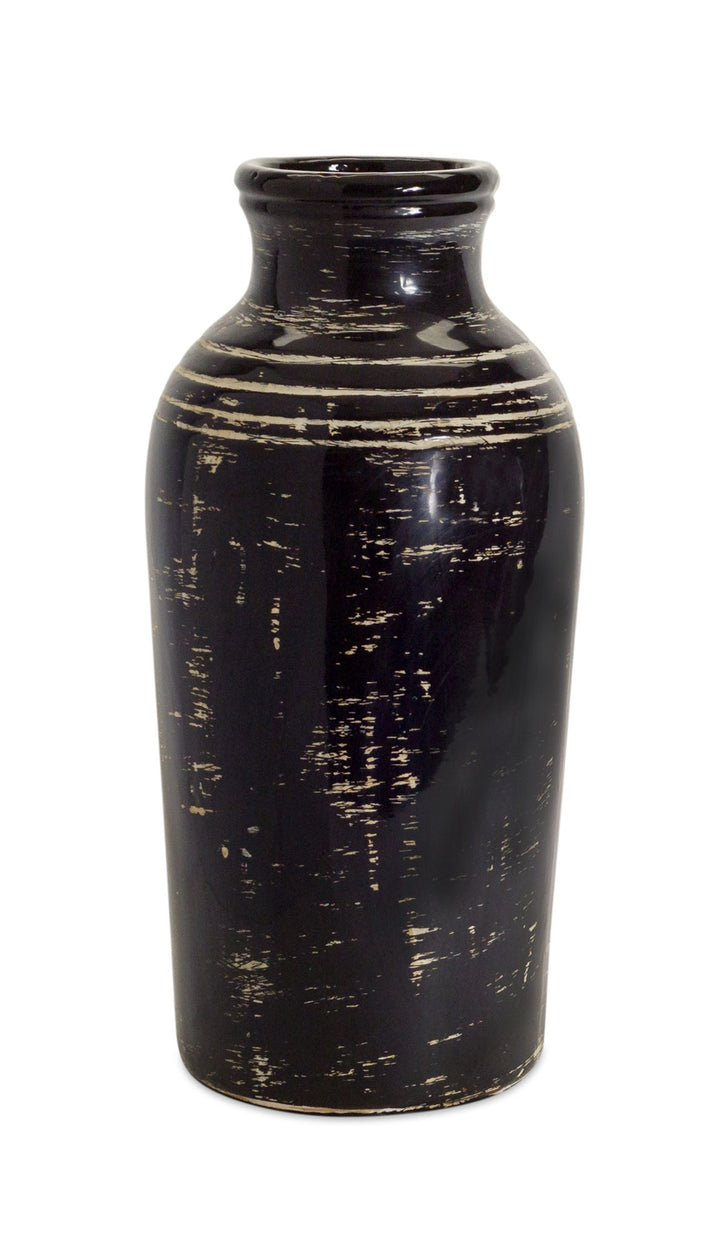 18" Ceramic Black and Ivory Striped Round Floor Vase