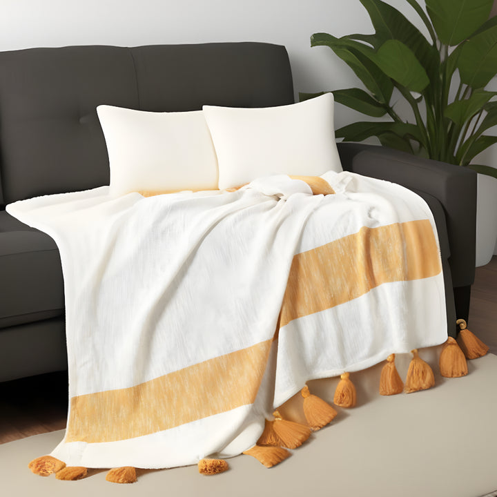 Yellow Woven Cotton Striped Throw Blanket