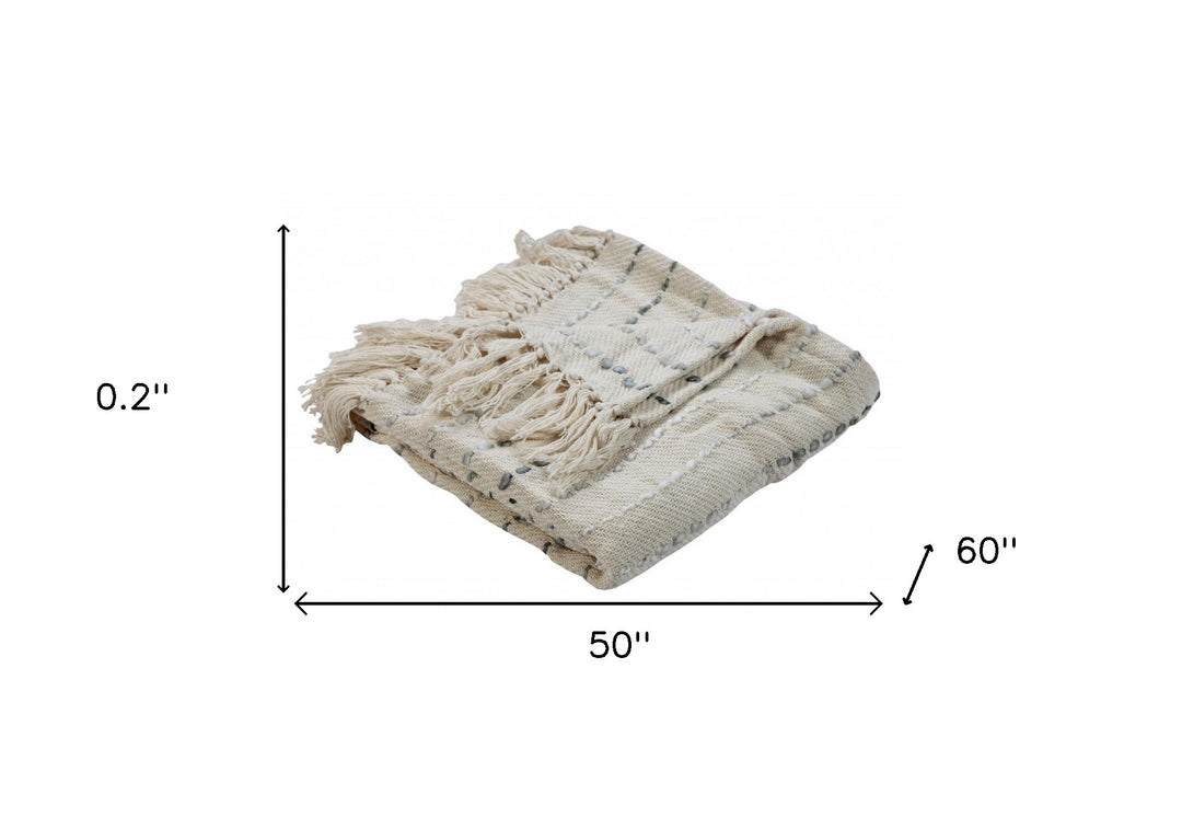 Cream Woven Cotton Striped Throw Blanket