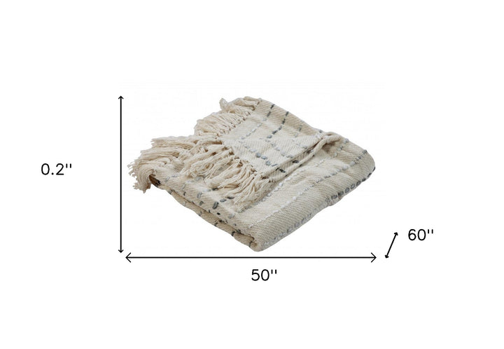 Cream Woven Cotton Striped Throw Blanket