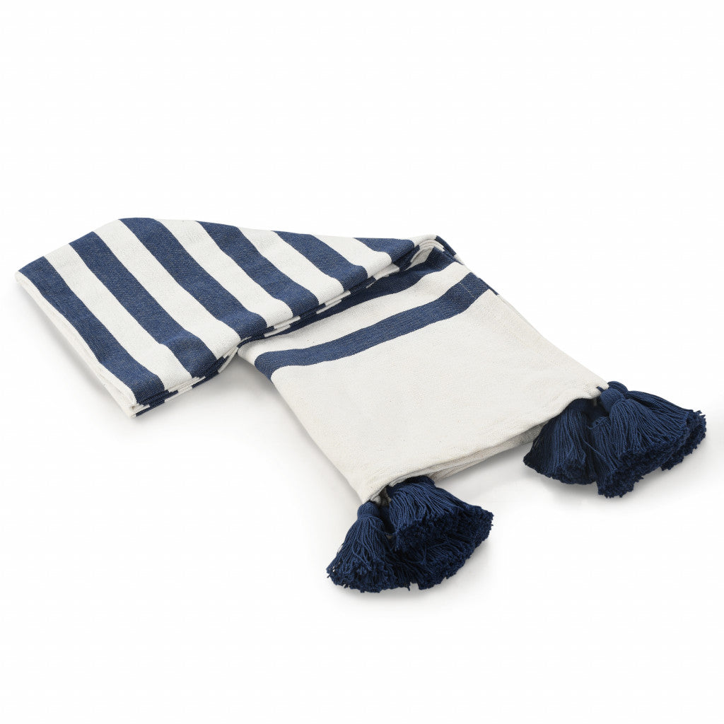 Blue and White Woven Cotton Striped Throw Blanket