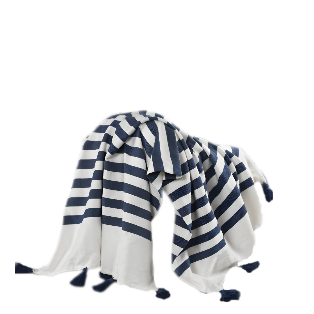 Blue and White Woven Cotton Striped Throw Blanket