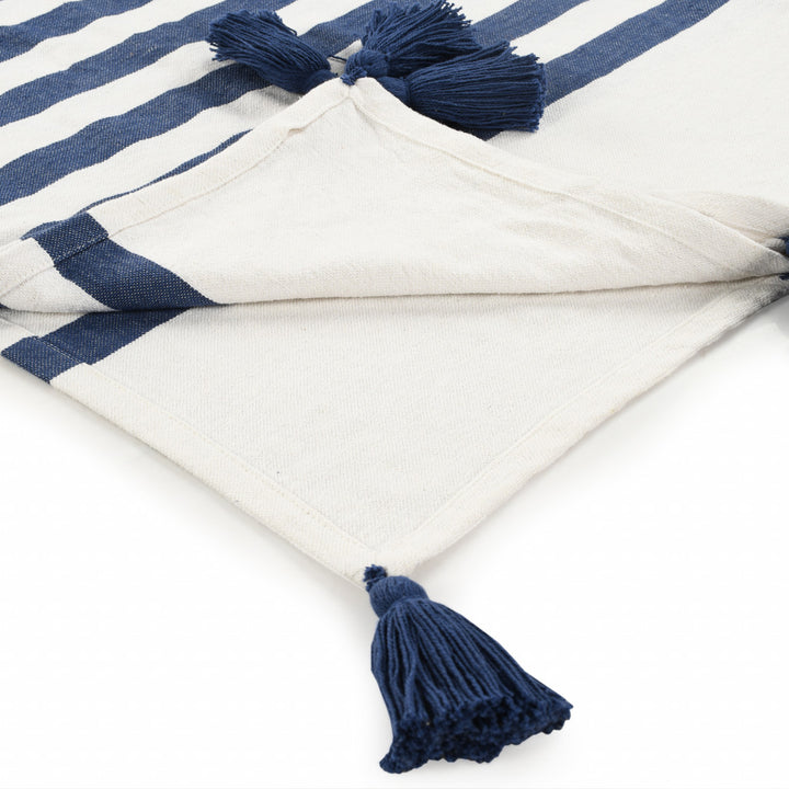 Blue and White Woven Cotton Striped Throw Blanket