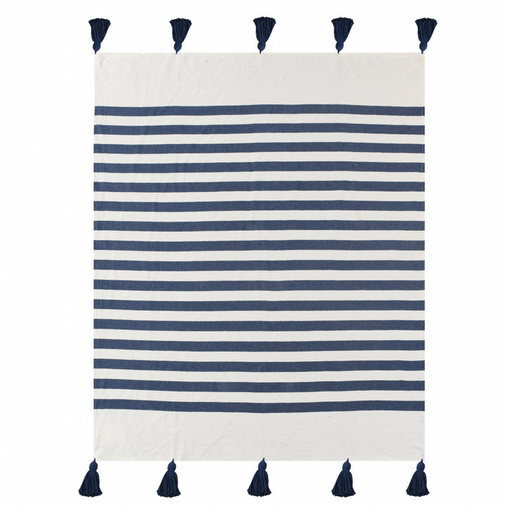 Blue and White Woven Cotton Striped Throw Blanket