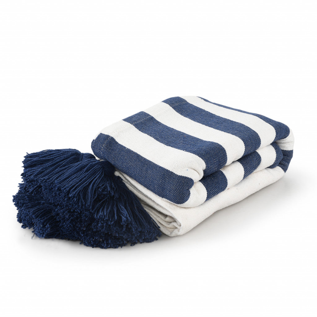 Blue and White Woven Cotton Striped Throw Blanket