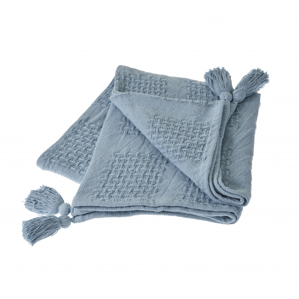 Blue Woven Cotton Solid Color Throw Blanket