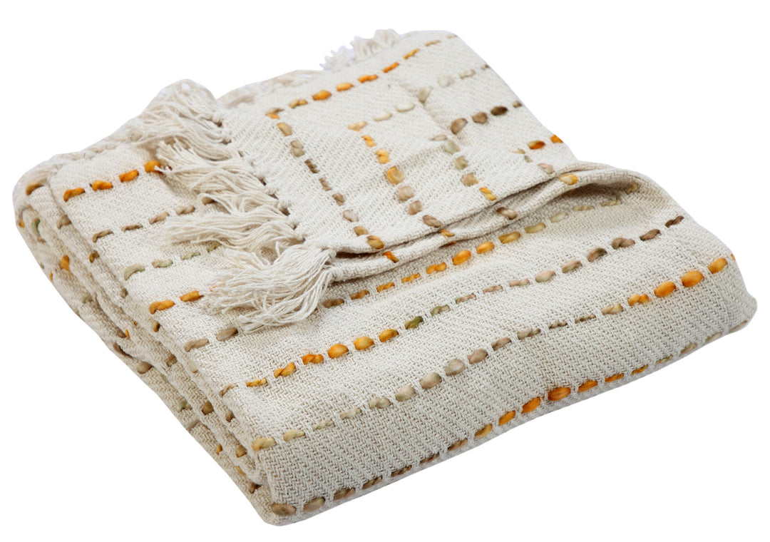 Cream Woven Cotton Striped Throw Blanket