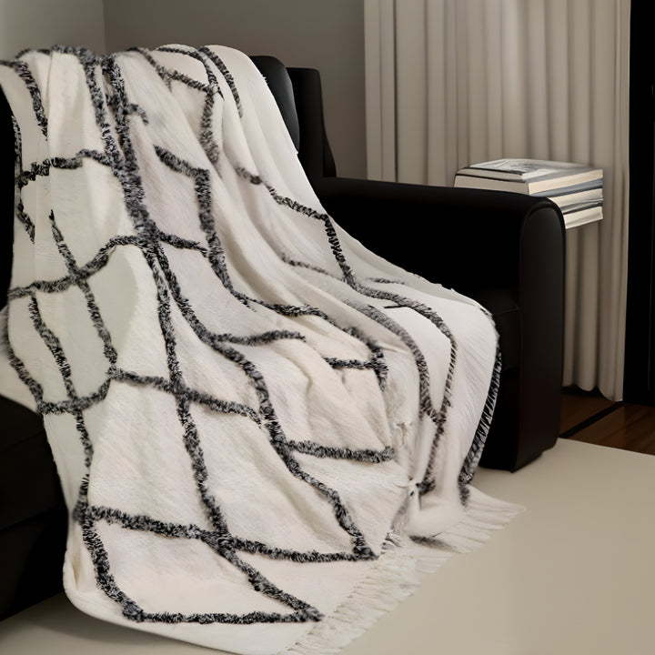 Cream Woven Cotton Geometric Throw Blanket