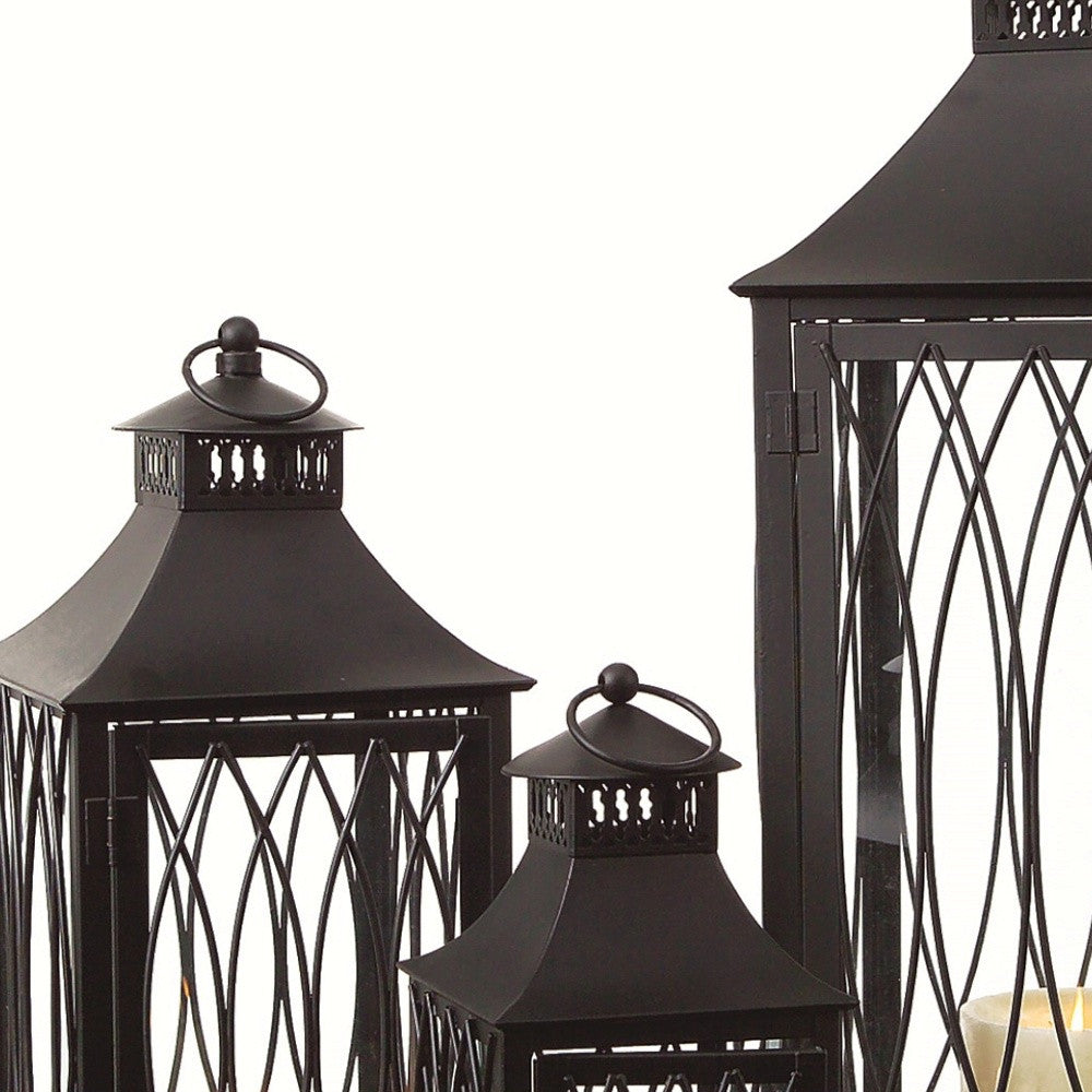 Set Of Three Black Flameless Floor Lantern Candle Holder