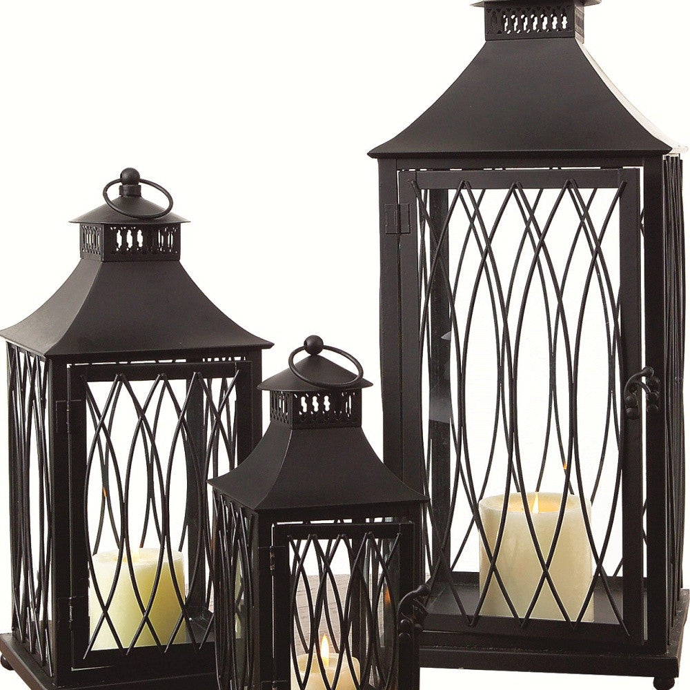 Set Of Three Black Flameless Floor Lantern Candle Holder