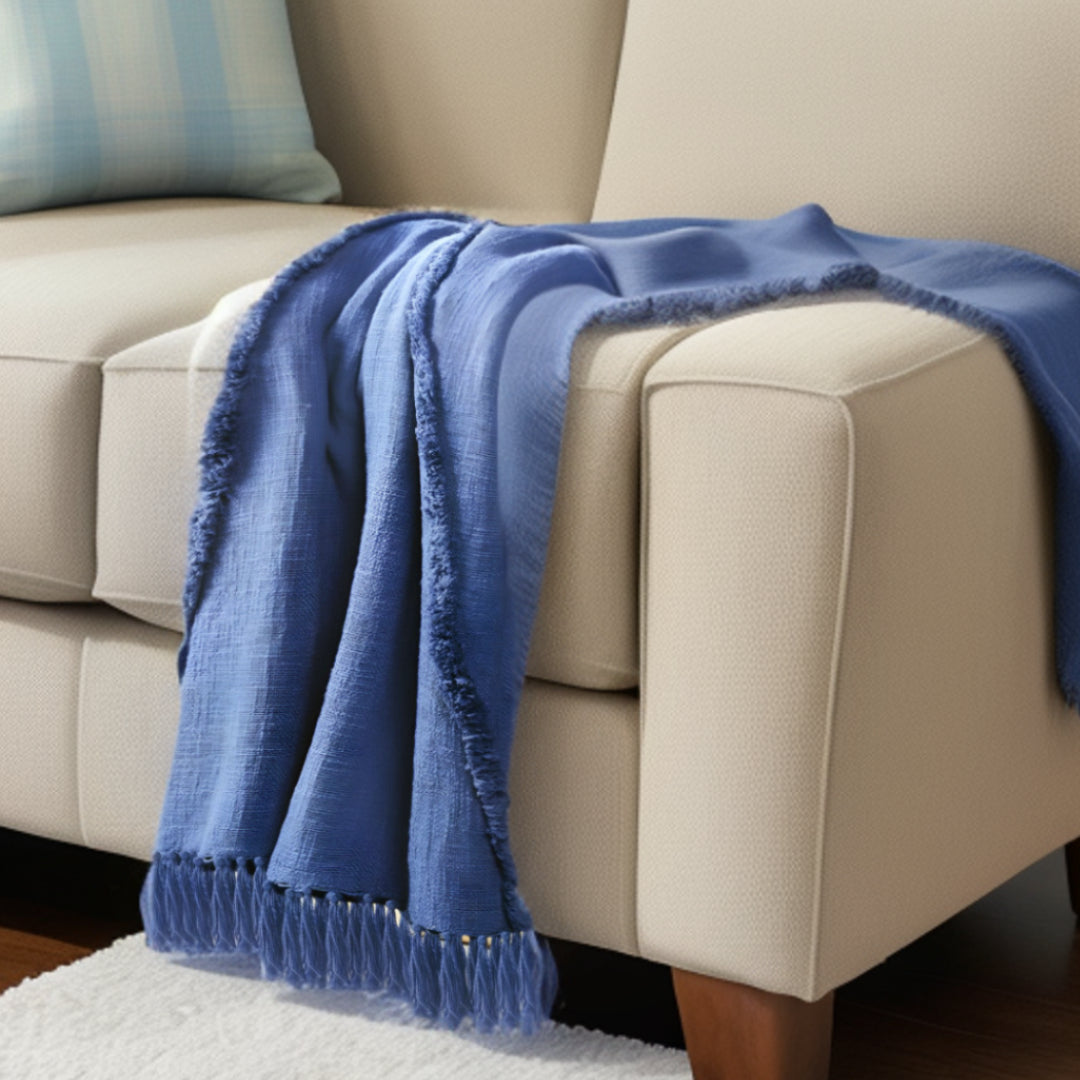 Blue Woven Cotton Solid Color Throw Blanket