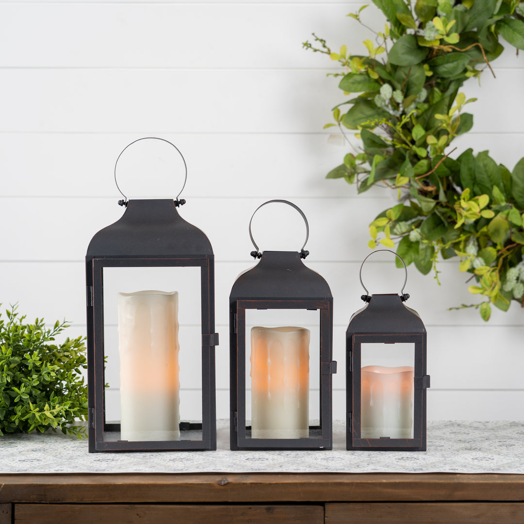 Set Of Two Black Flameless Floor Lantern Candle Holder