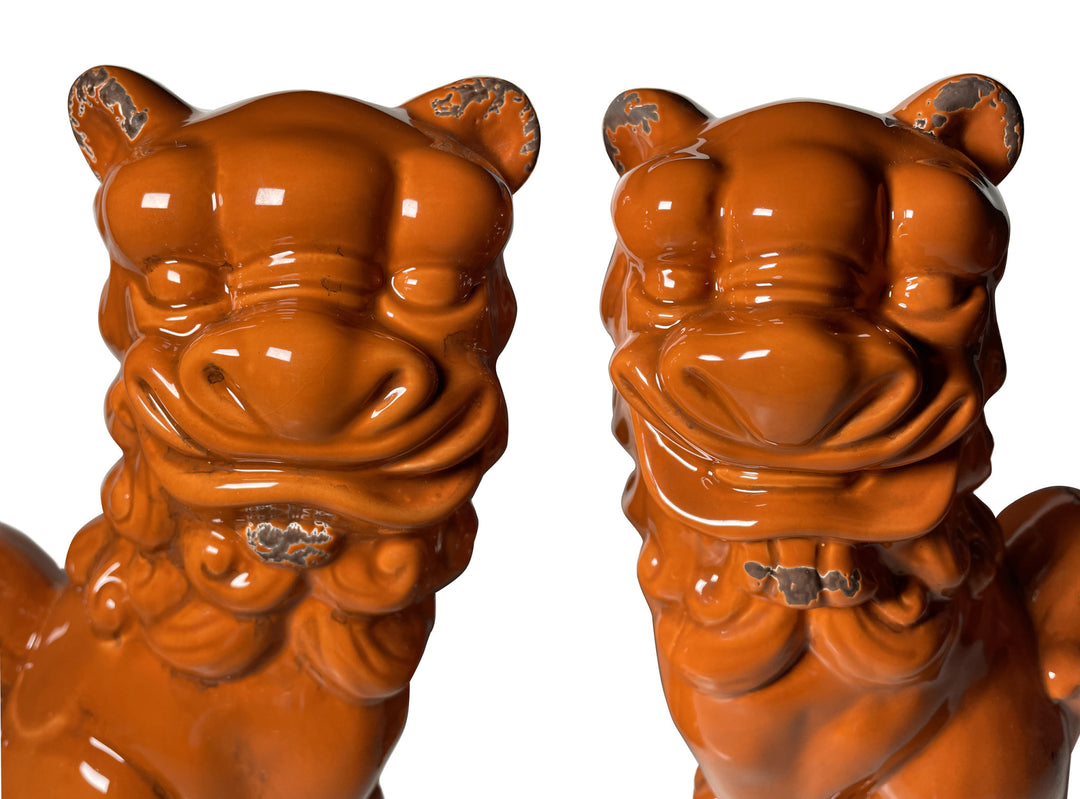 Set of Two Orange Ceramic Dog Sculptures