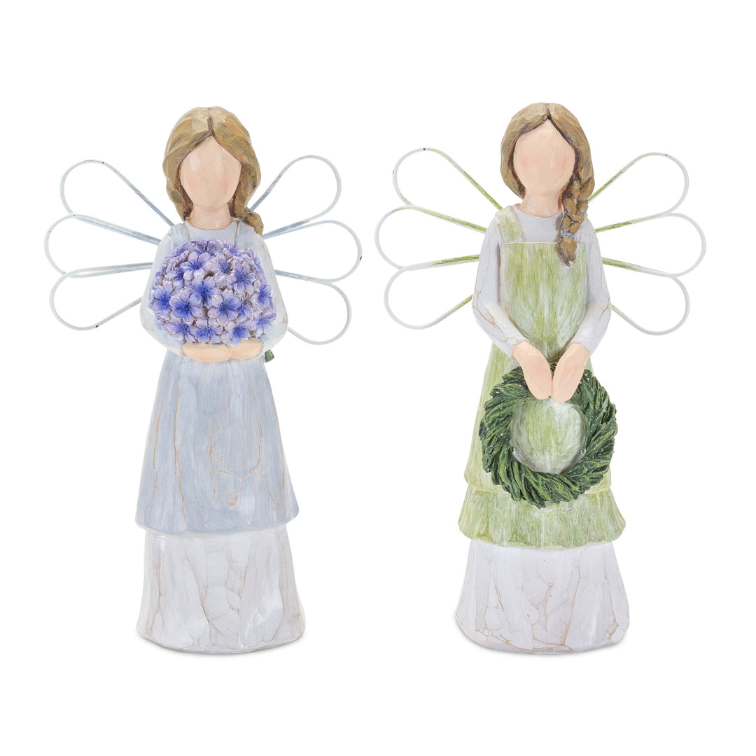 Set Of Two 7" Green Polyresin Angel Figurine