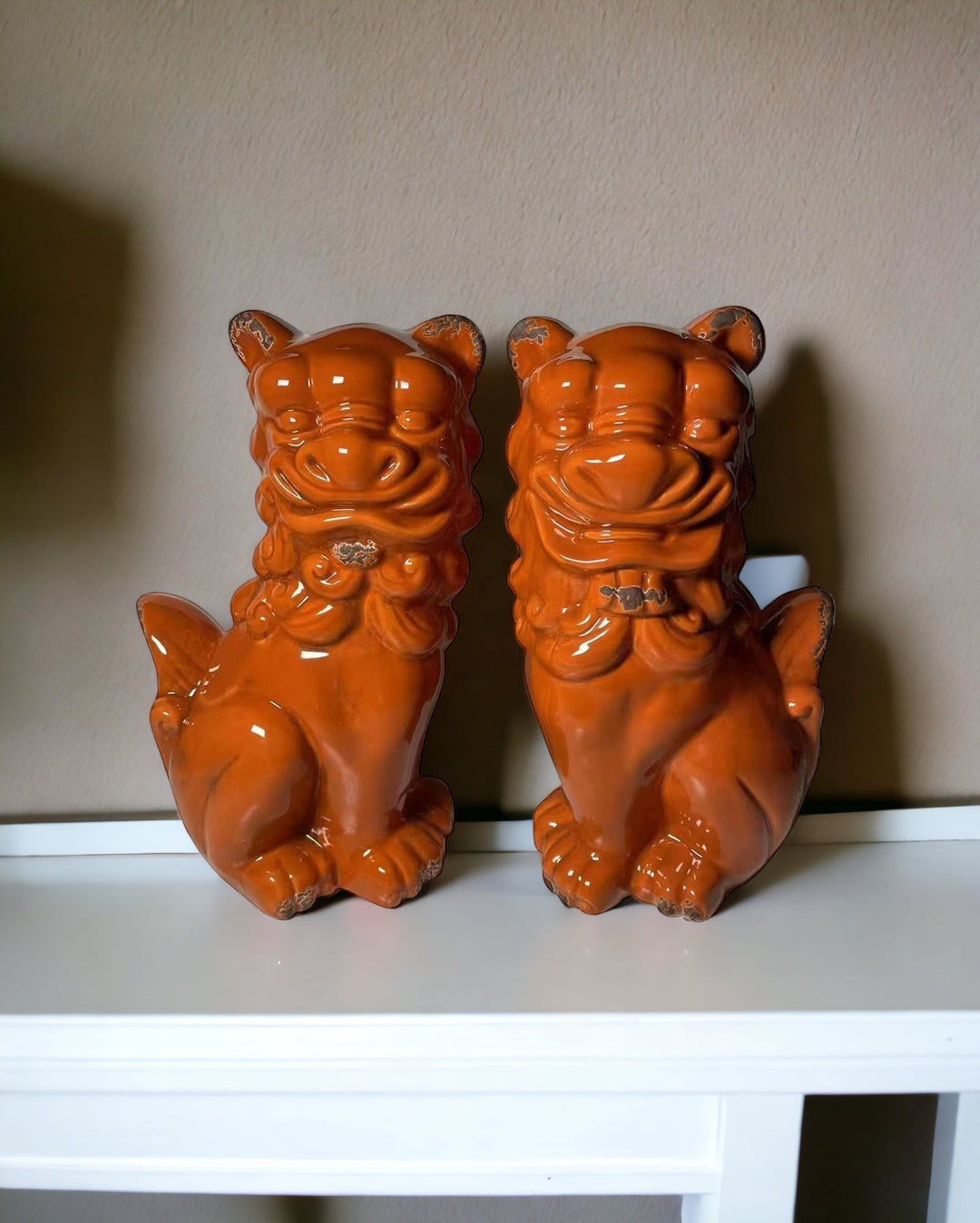 Set of Two Orange Ceramic Dog Sculptures