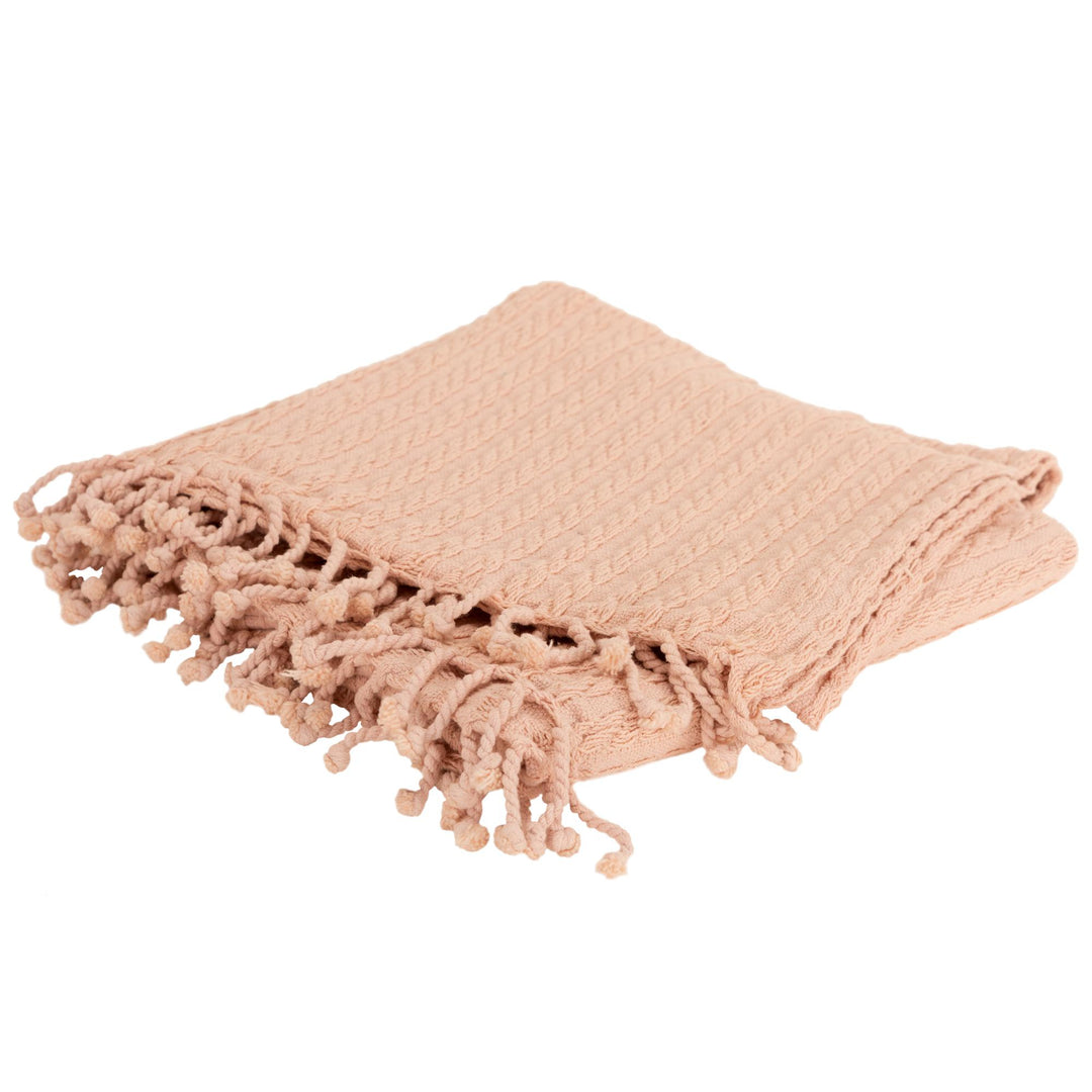 Blush Knitted Throw Blanket with Fringe