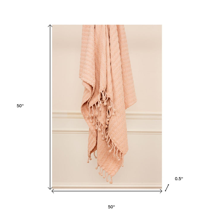 Blush Knitted Throw Blanket with Fringe