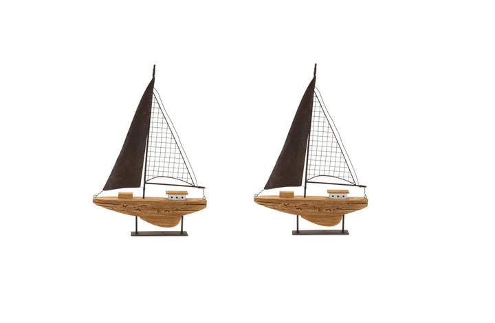 Set of Two 18" Natural and Black Wood and Metal Boat Tabletop Sculptures