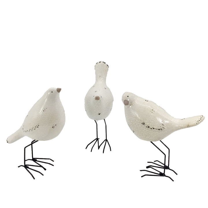 Set of Three White and Black Polyresin and Metal Bird Sculptures