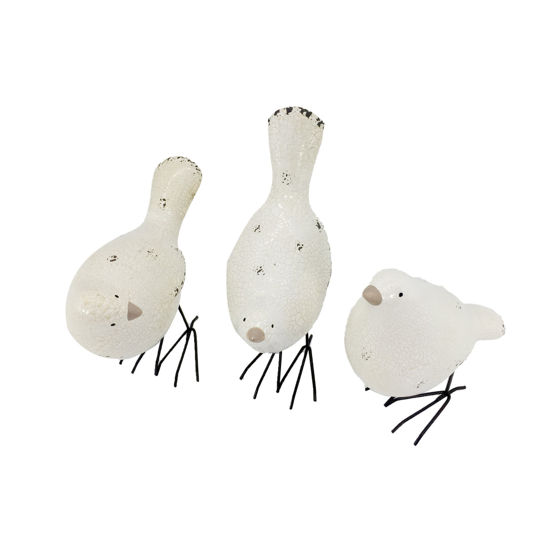 Set of Three White and Black Polyresin and Metal Bird Sculptures