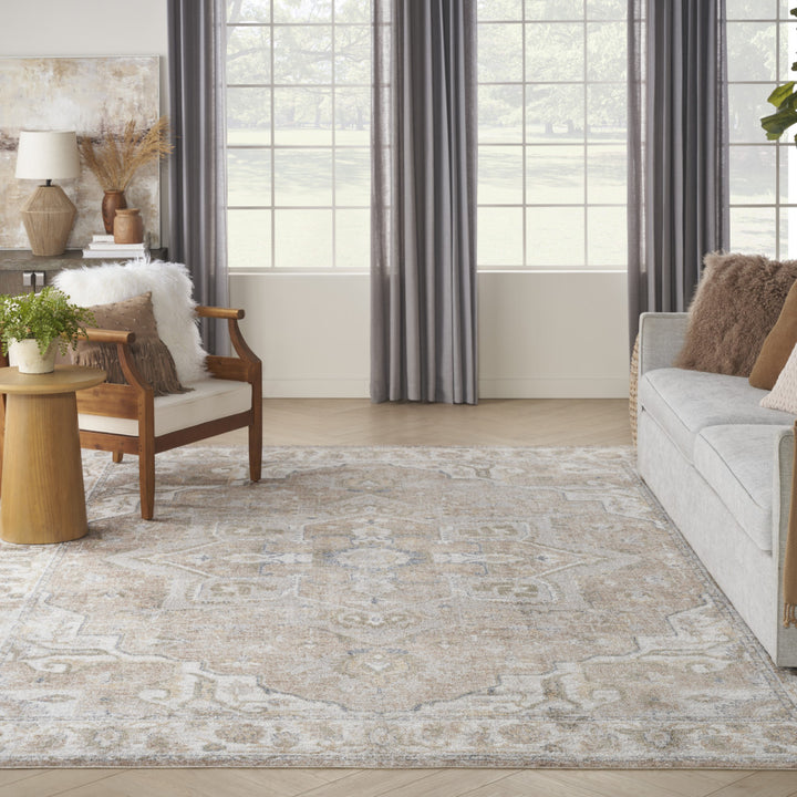 8' X 10' Beige Oriental Power Loom Washable Area Rug