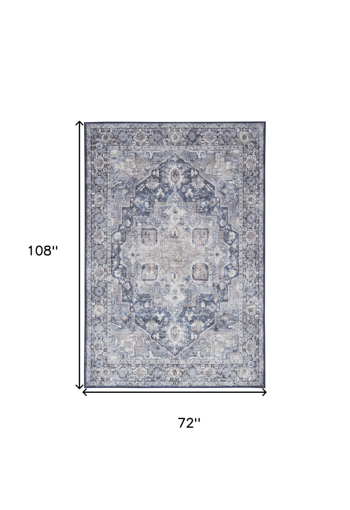 6' X 9' Blue And Pink Floral Power Loom Distressed Washable Area Rug