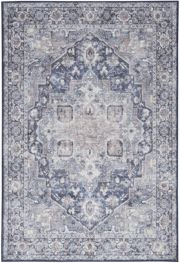 6' X 9' Blue And Pink Floral Power Loom Distressed Washable Area Rug