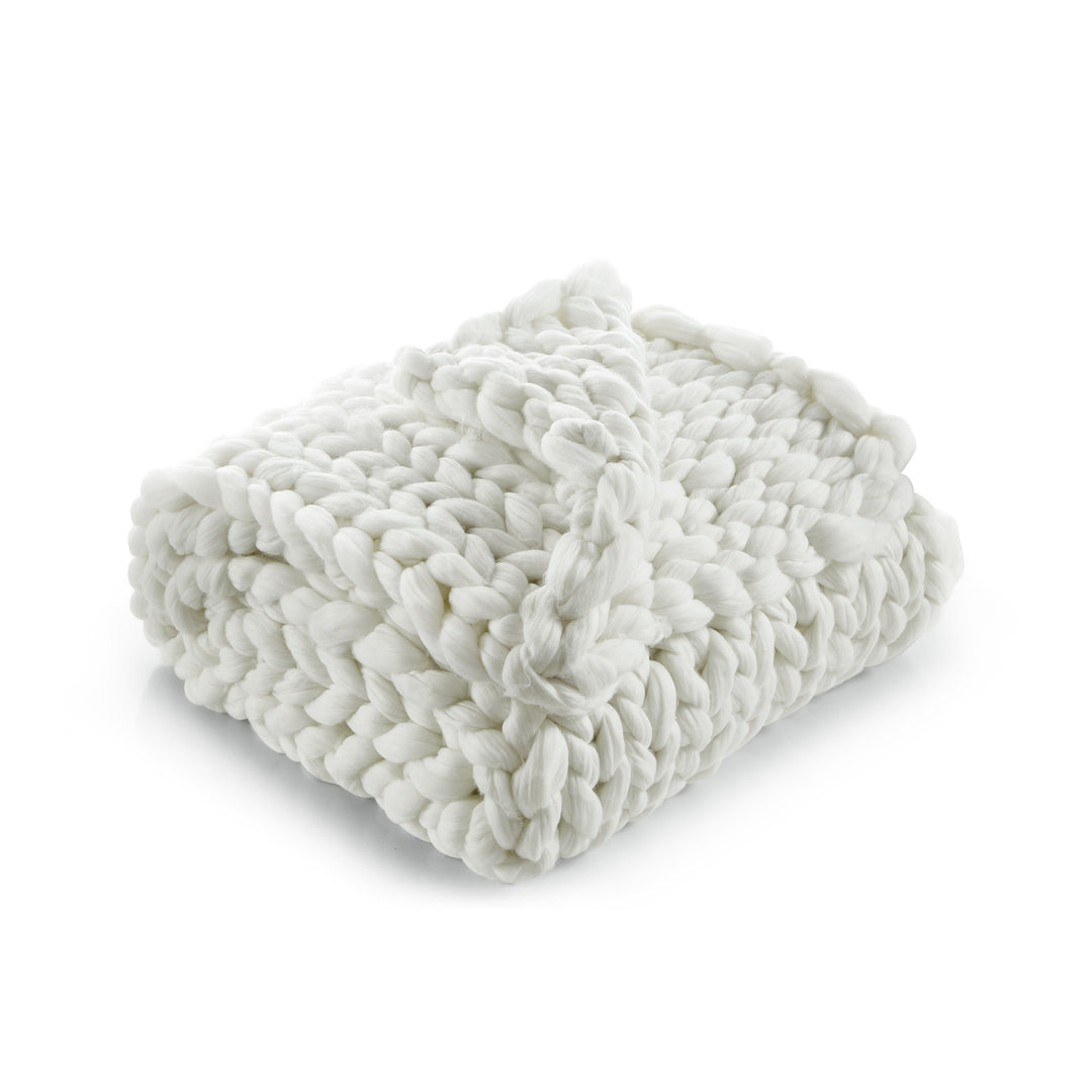 Cream Knitted Polyester Solid Color Throw Blanket