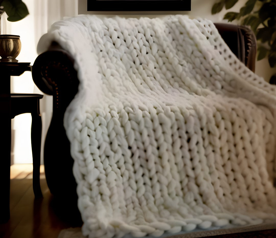 Cream Knitted Polyester Solid Color Throw Blanket