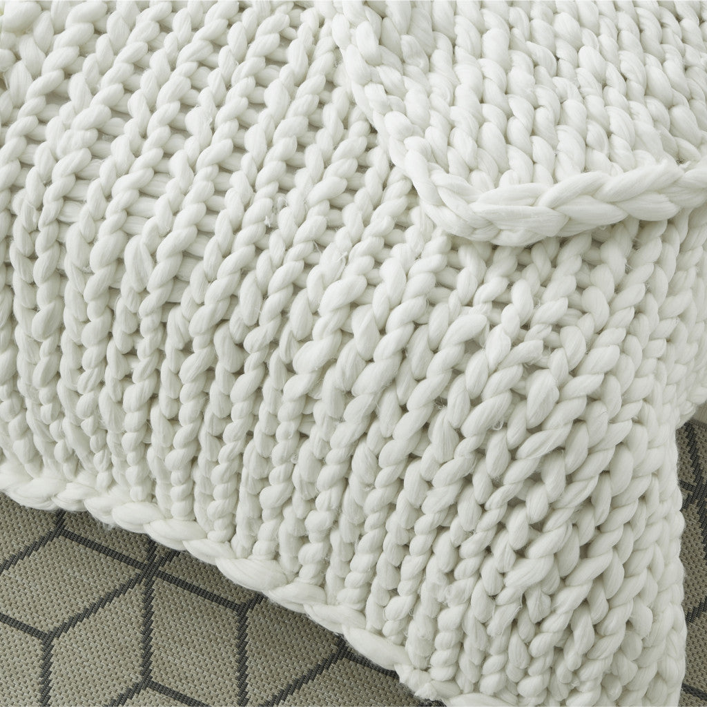 Cream Knitted Polyester Solid Color Throw Blanket