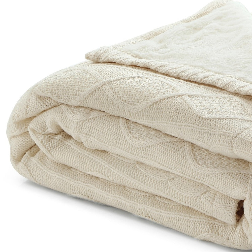 Cream Knitted Acrylic Solid Color Throw Blanket