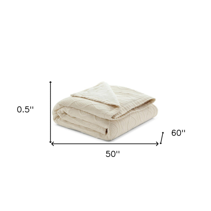 Cream Knitted Acrylic Solid Color Throw Blanket