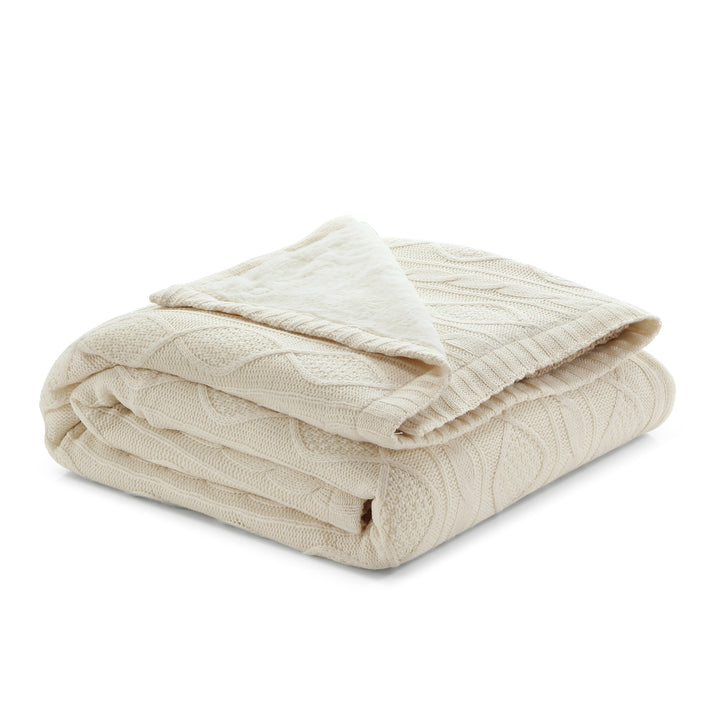 Cream Knitted Acrylic Solid Color Throw Blanket