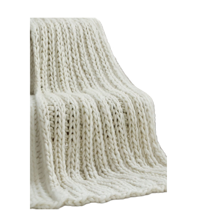 Cream Knitted Polyester Solid Color Throw Blanket