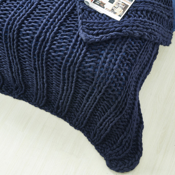 Navy Blue Knitted Polyester Solid Color Throw Blanket