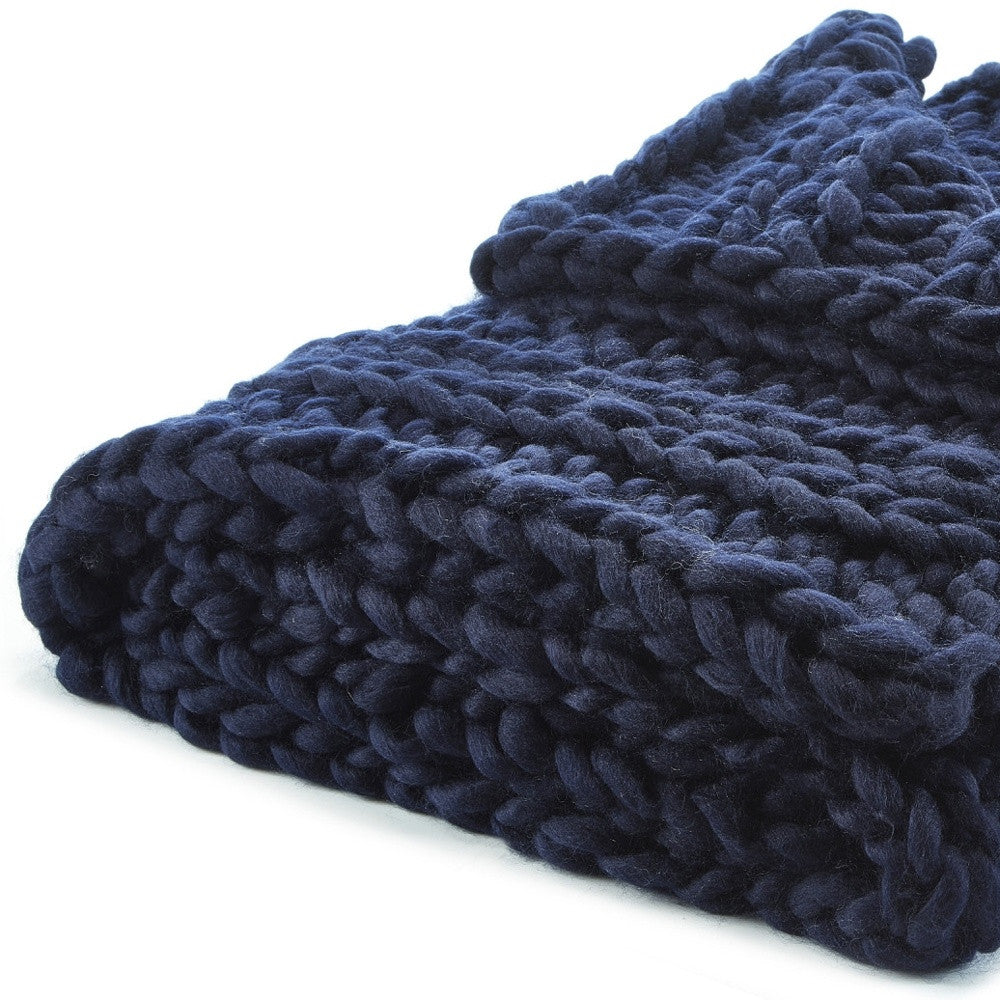 Navy Blue Knitted Polyester Solid Color Throw Blanket