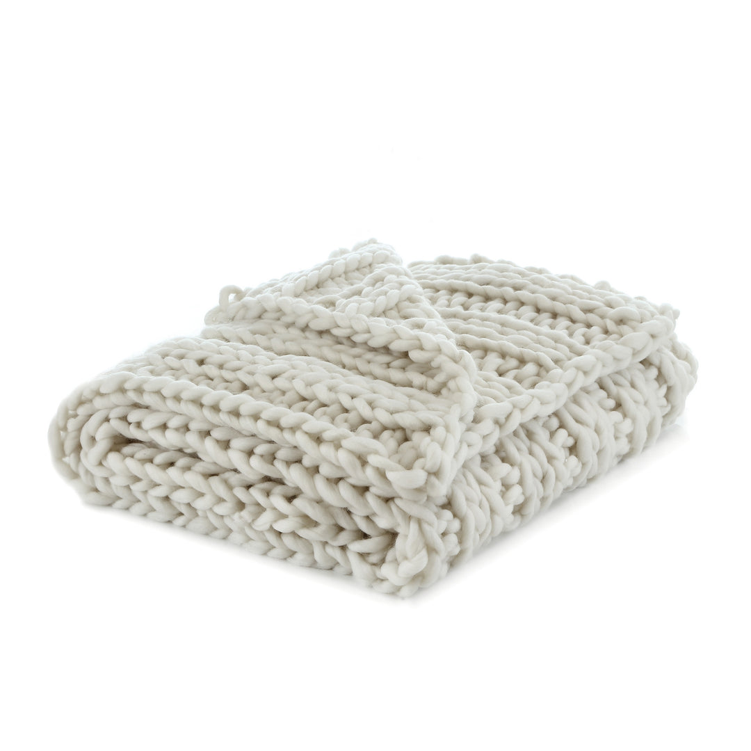 Cream Knitted Polyester Solid Color Throw Blanket