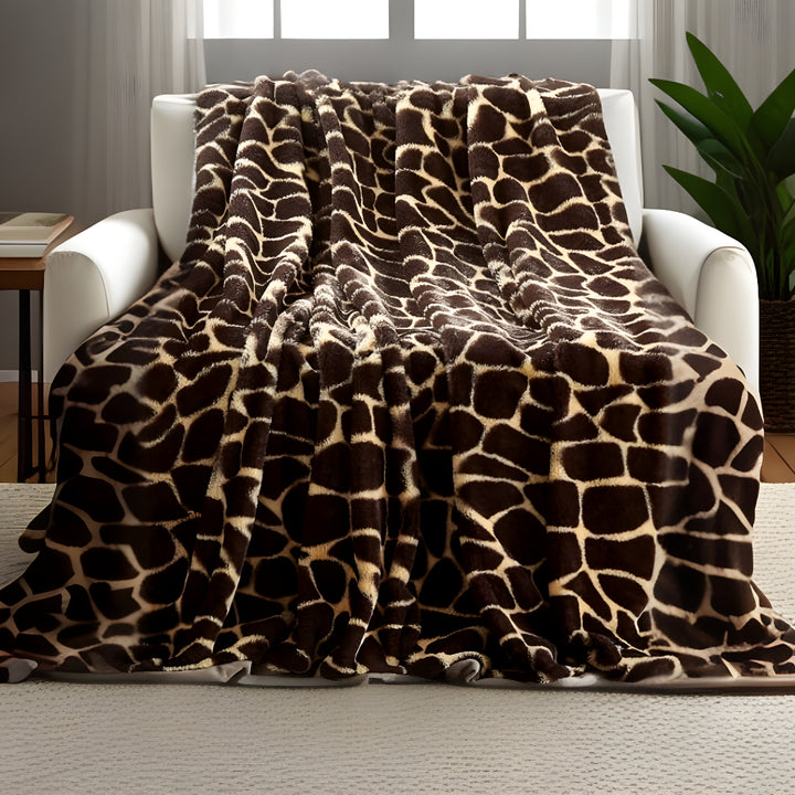 Yellow and Brown Knitted PolYester Animal Print Plush Throw Blanket