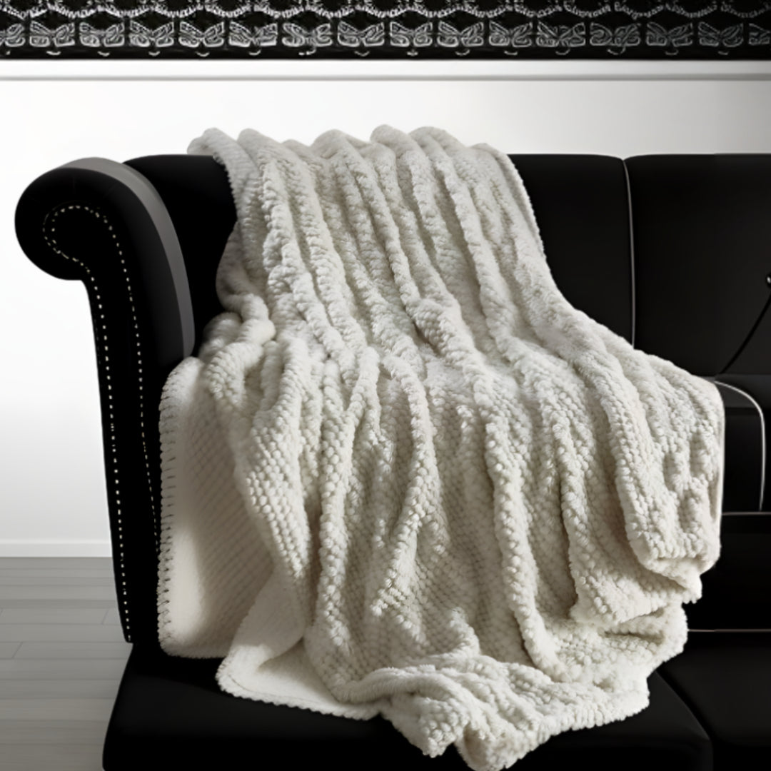 Ivory Knitted Acrylic Solid Color Plush Throw Blanket